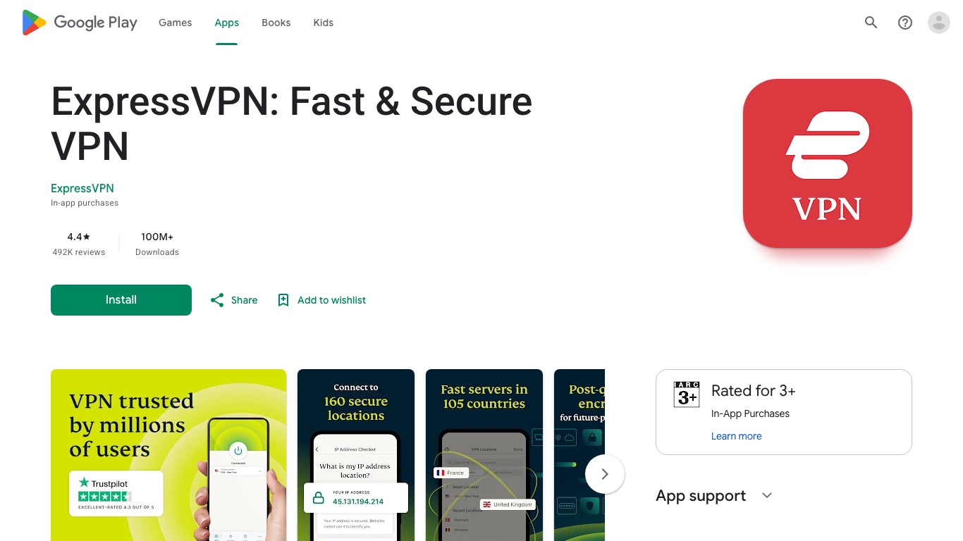 Google PlayのExpressVPN公式アプリページ。星評価とレビュー件数、ダウンロード数が確認できる