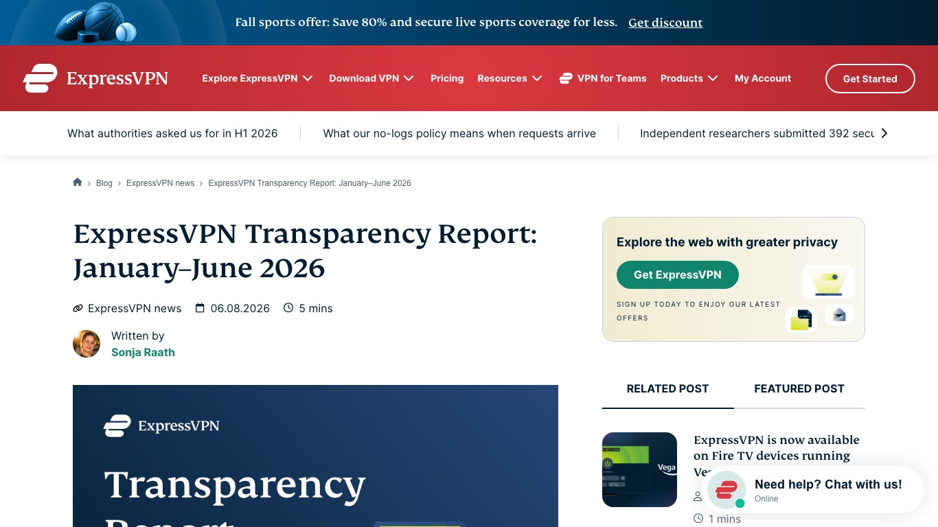 ExpressVPN公式の透明性レポート。開示要請の件数と開示に至った件数が公表されている