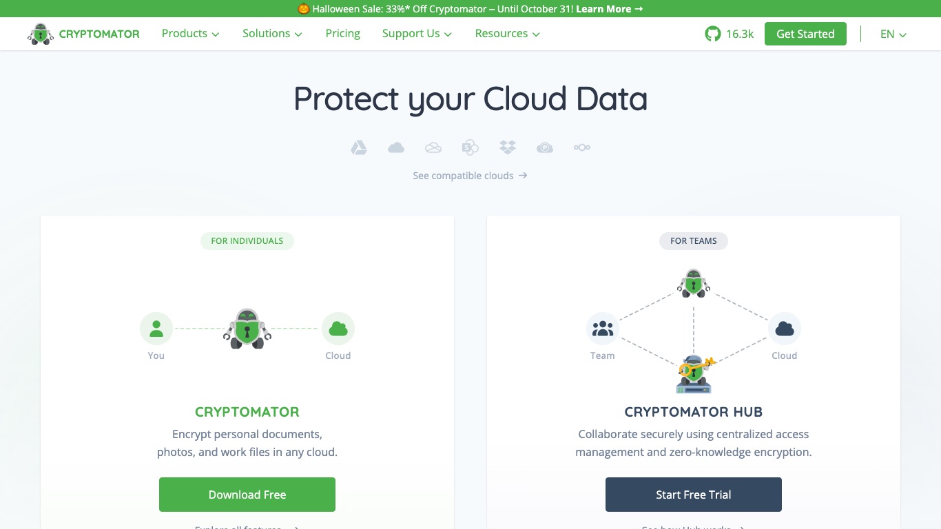 Cryptomator公式サイトのトップページ。Dropbox・Google Drive・OneDrive・iCloudに置くファイルを無料で暗号化できる