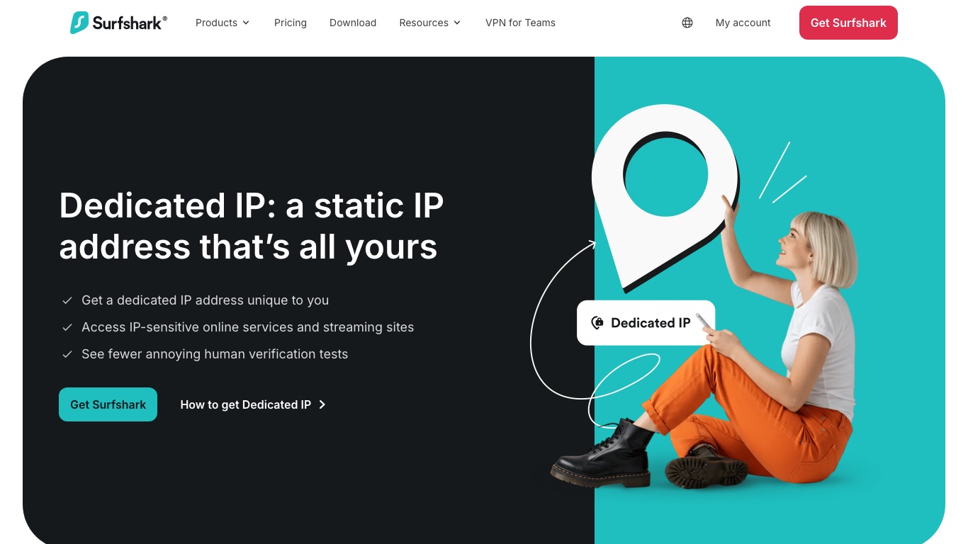 Surfshark公式の専用IPページ。自分だけの固定IPアドレスを追加できるアドオンとして案内されている
