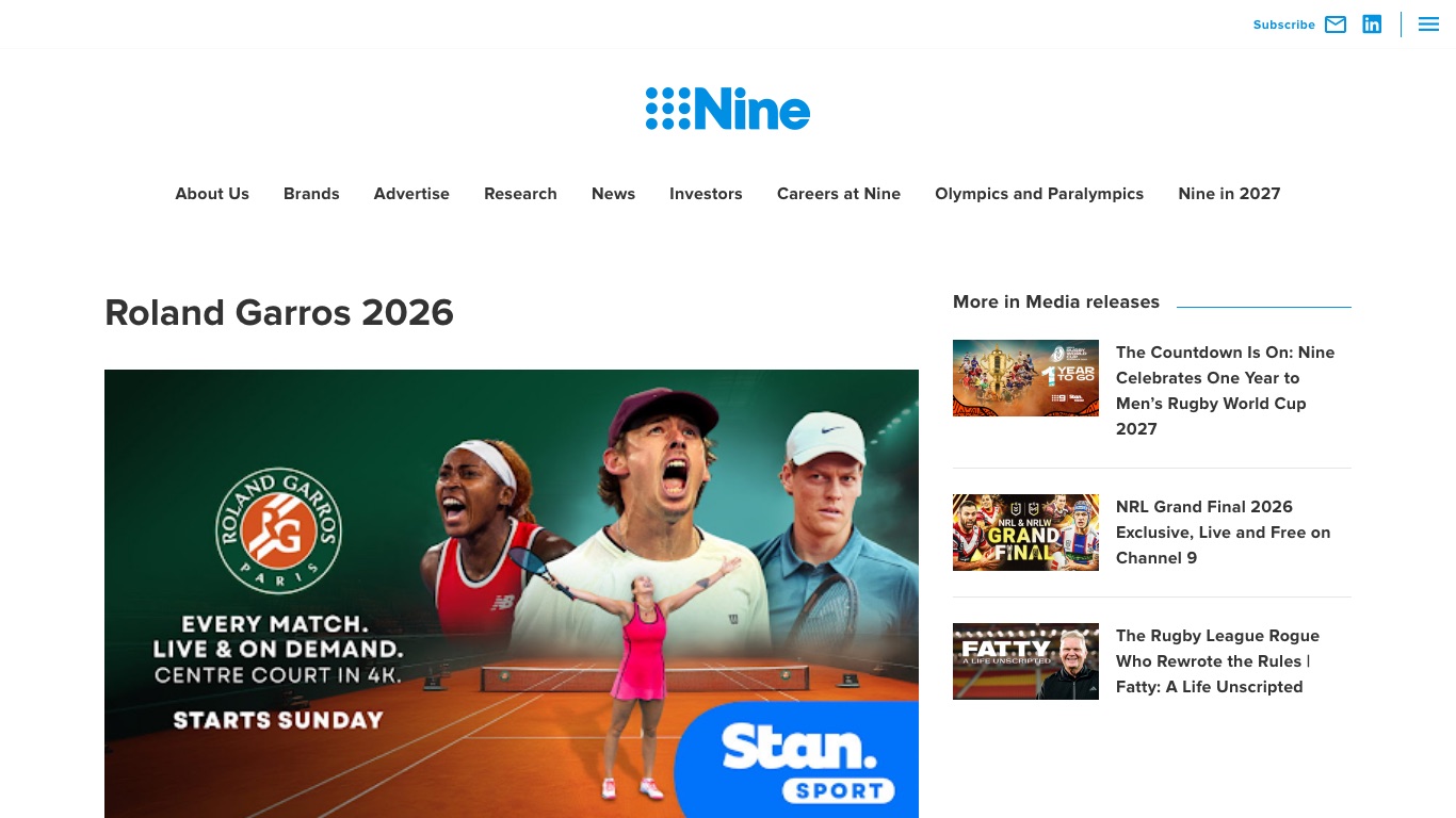 Nine公式の発表。全仏オープンは全試合がStan Sportでライブ配信され、9Nowでは夜間の無料中継が流れる