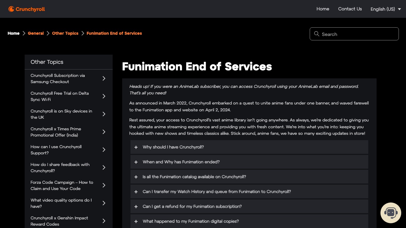 Crunchyroll公式ヘルプは、Funimationのアプリとサイトが2024年4月2日に終了したと案内している