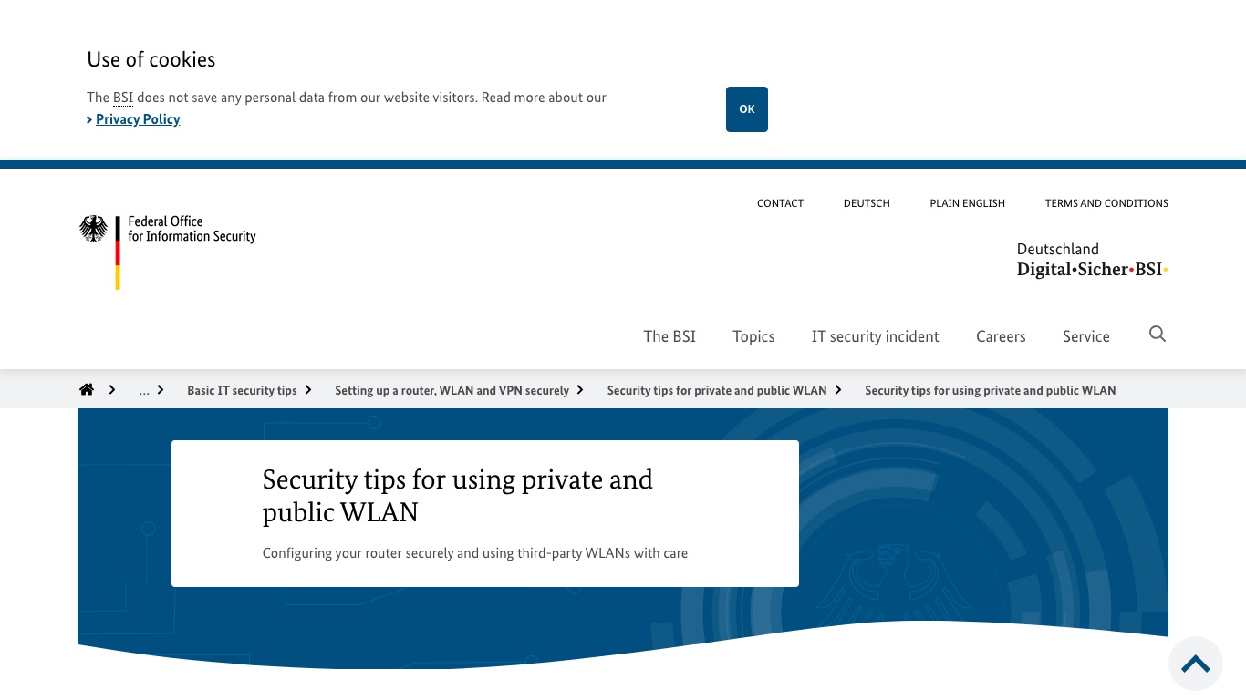 ドイツ連邦情報セキュリティ庁(BSI)公式サイトの、私用・公共WLANを安全に使うための案内ページ