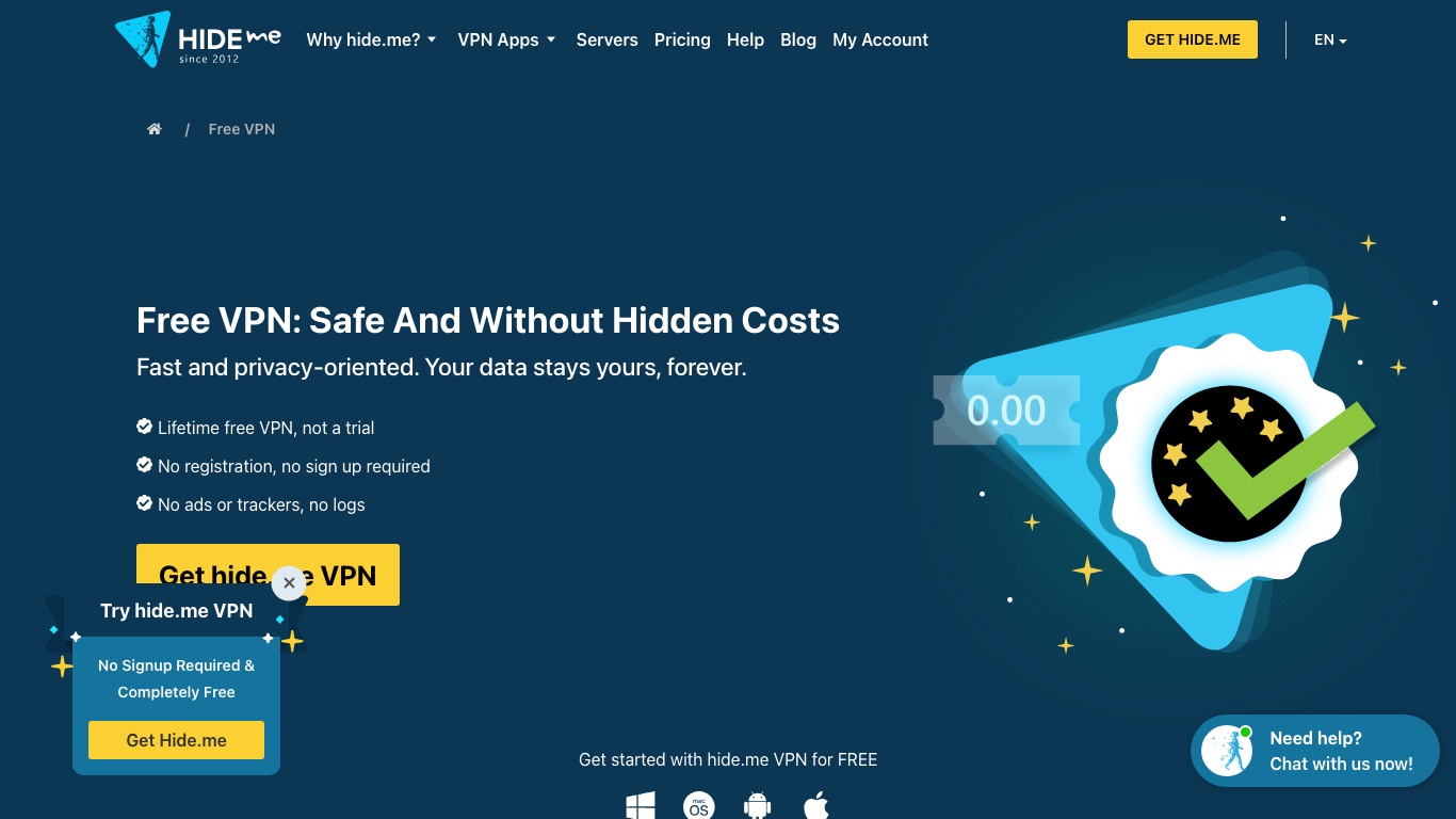 hide.meの公式サイトでは登録なしで無料プランのアプリをダウンロードできる