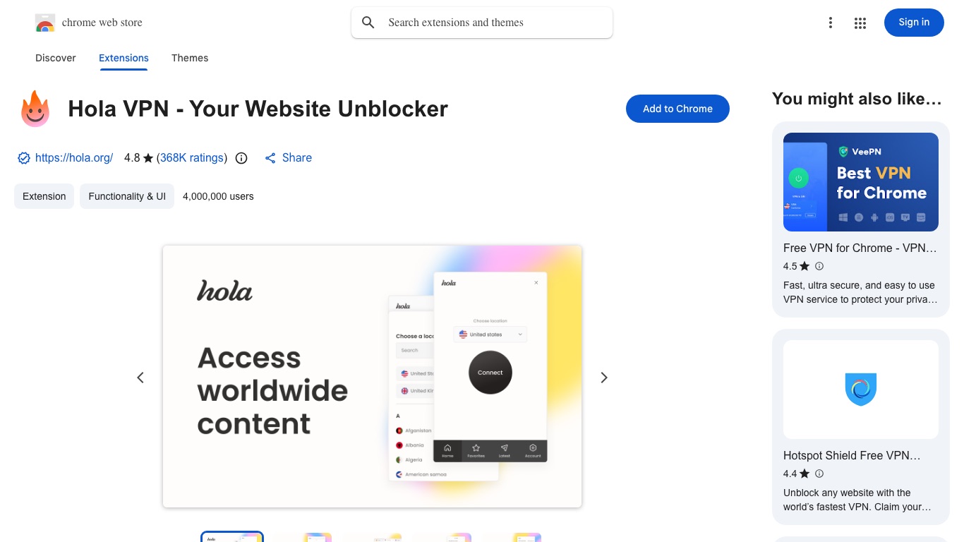 Hola VPNのChromeウェブストア掲載ページ。利用者数400万人・評価4.8と表示されている