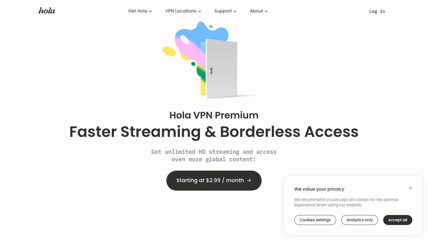 Hola VPN Premiumの公式料金ページ。月額2.99ドルからと表示されている