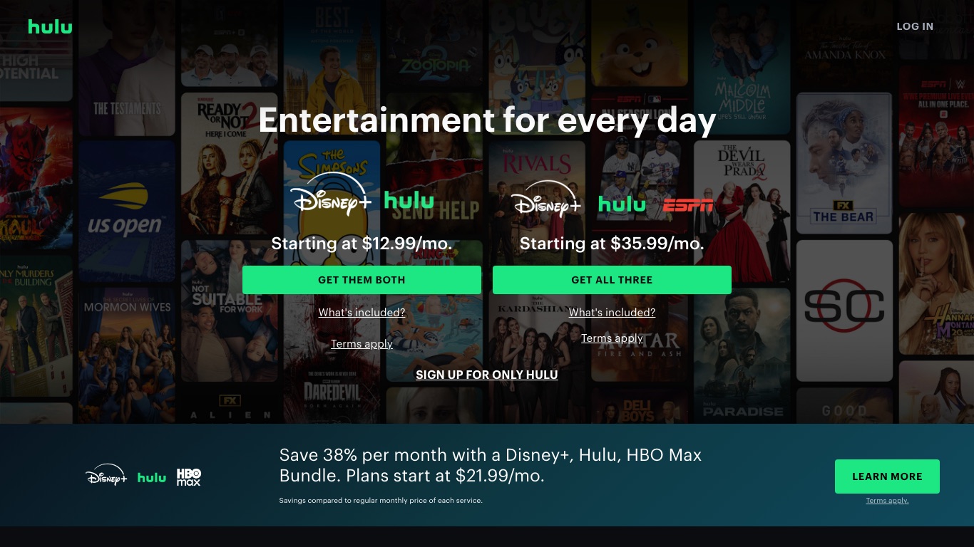 北米版Huluの申し込みページ。料金は米ドル建てでDisney+とのセットが中心