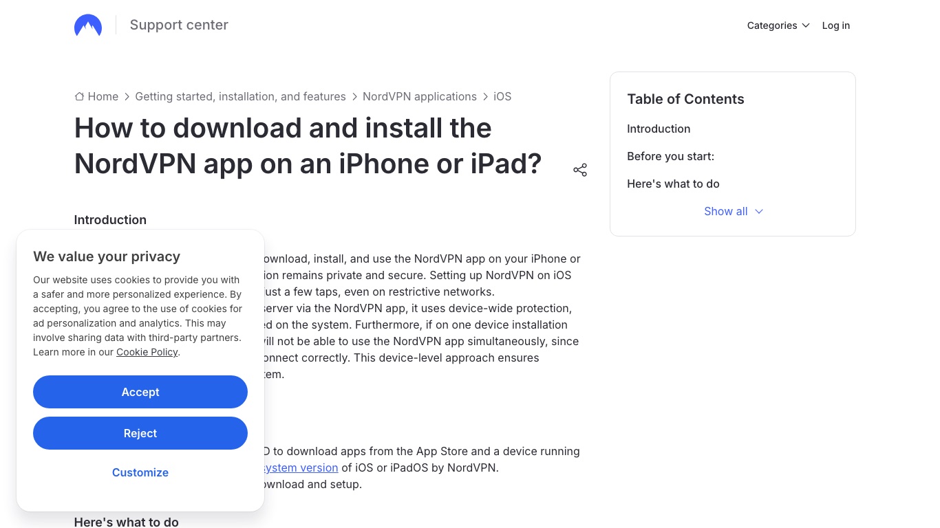 NordVPN公式サポートのiPhone向け導入ページ。App Storeから入れて接続するまでの手順が案内されている
