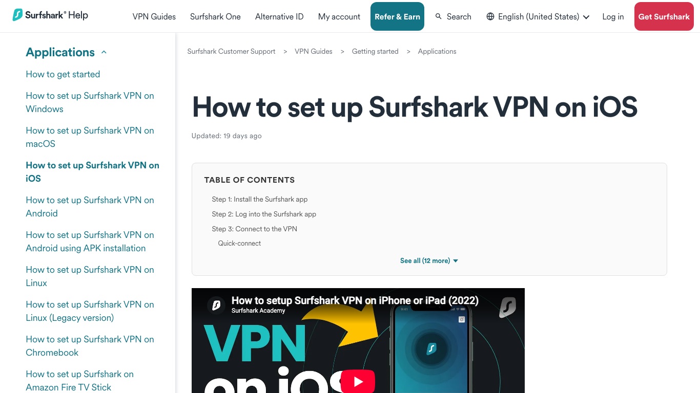 Surfshark公式サポートのiOS向け設定ページ。必要なiOSのバージョンと接続手順が案内されている
