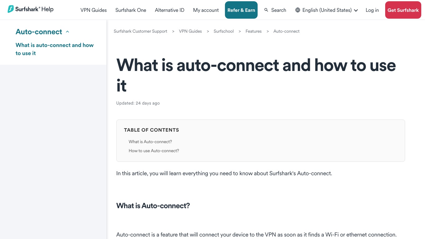 Surfshark公式サポートの自動接続(Auto-connect)の説明ページ。Wi-Fiを見つけた時点でVPNに繋がると案内されている
