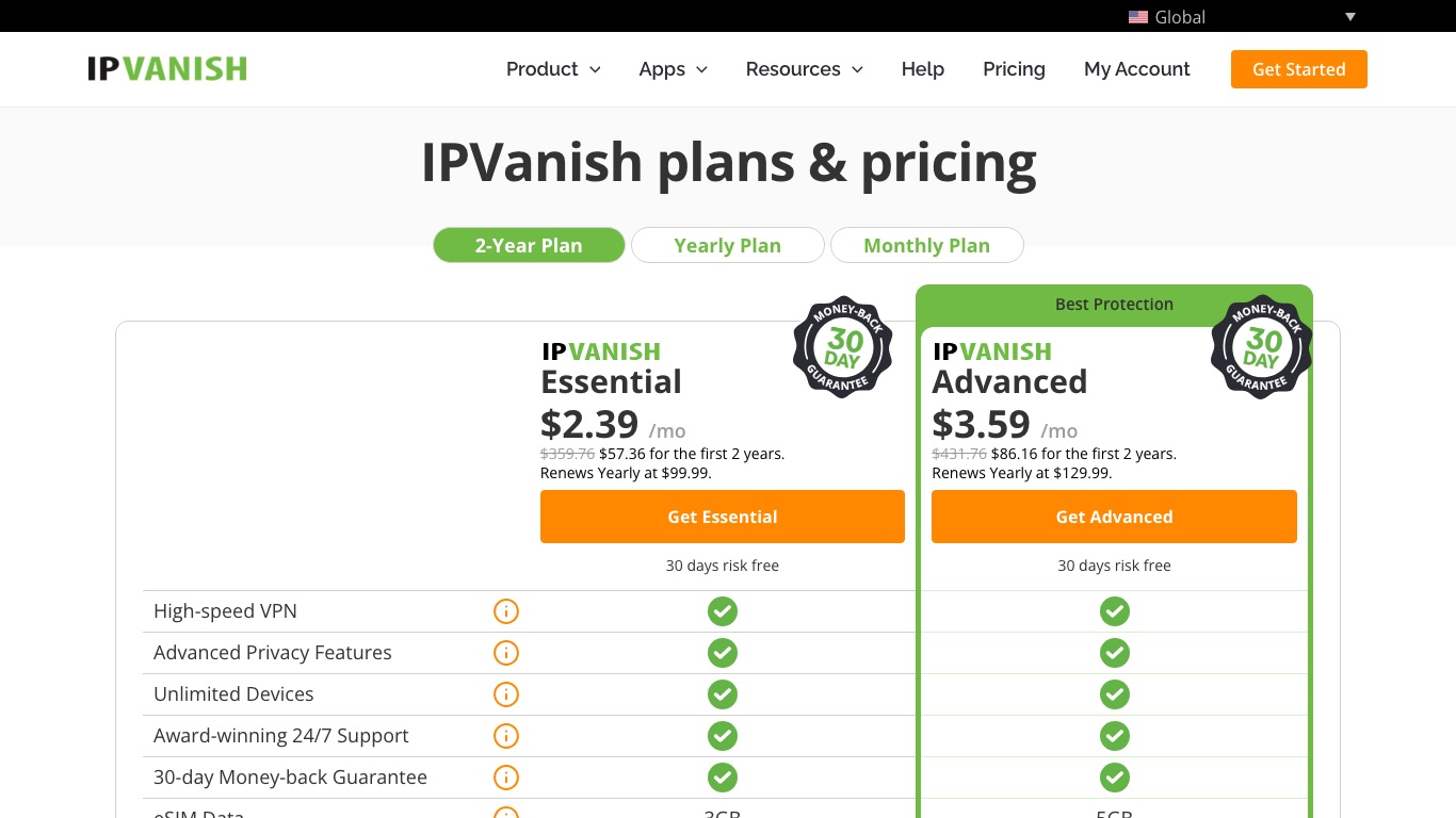 IPVanish VPNの料金ページ|2年プランはEssentialが月2.39ドル、Advancedが月3.59ドル