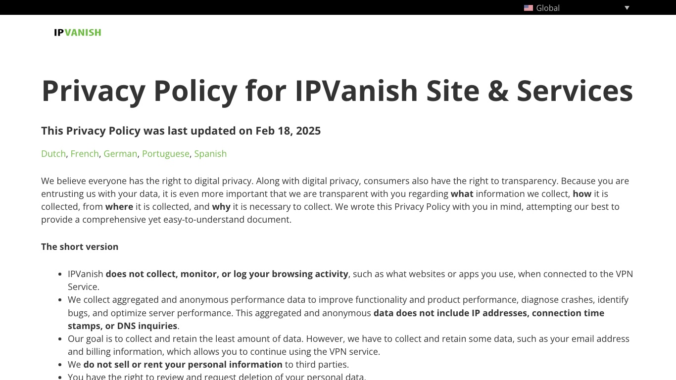 IPVanish VPNのプライバシーポリシー|閲覧履歴を記録しないと明記されている