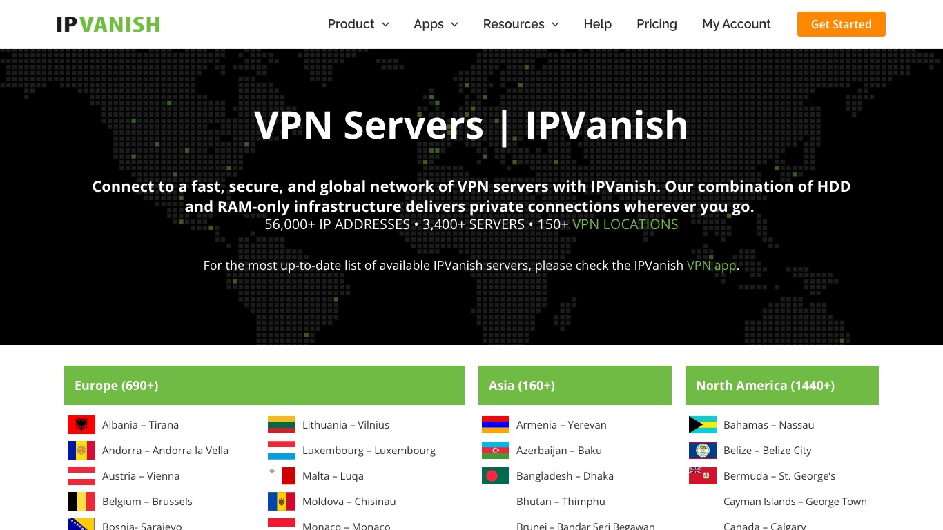 IPVanish VPNの公式サーバー一覧|3,400台以上・150以上のロケーション