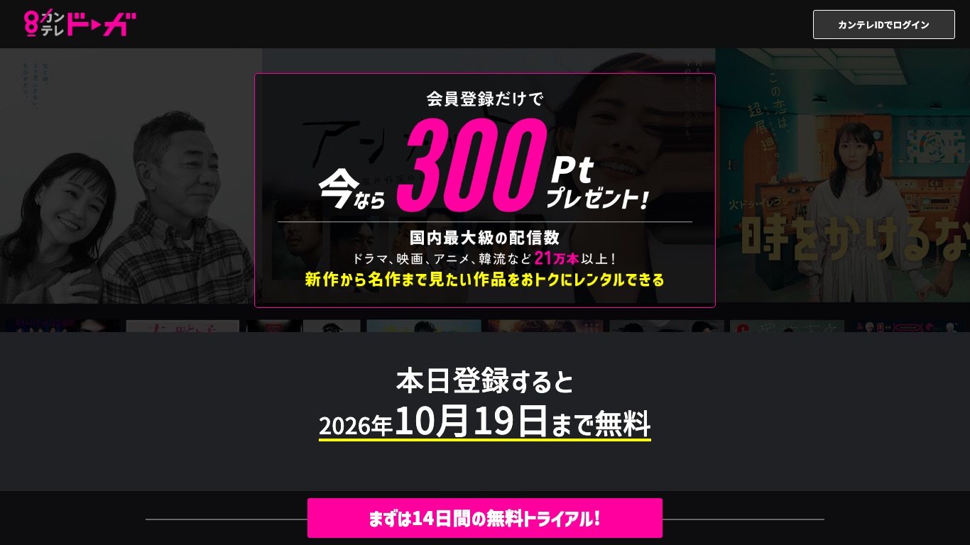 カンテレドーガは初回14日間の無料トライアルとポイント制のレンタルで動画を配信している