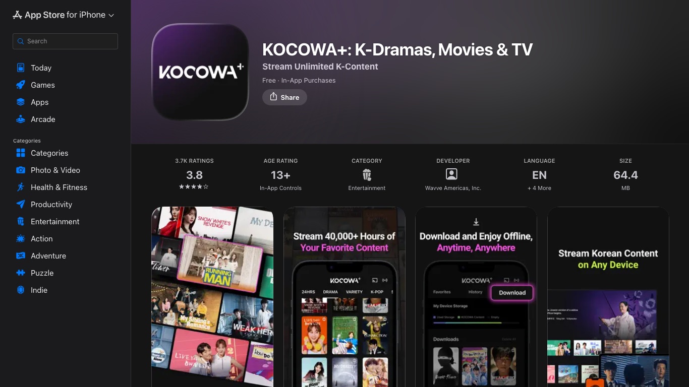 KOCOWA+の公式アプリはアメリカのApp Storeで配信されている