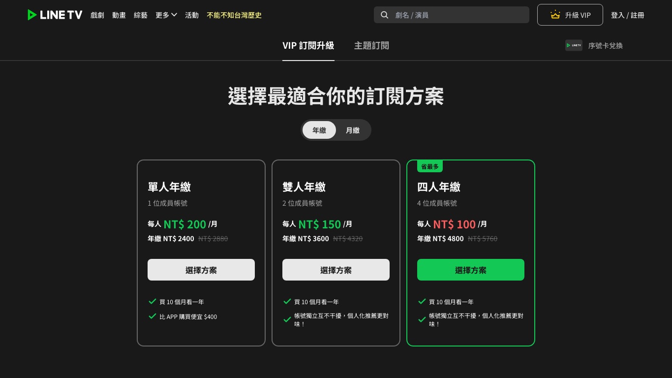 LINE TV公式のVIP料金ページ。単人年繳NT2400元・雙人年繳NT3600元・四人年繳NT4800元の3プランが並ぶ