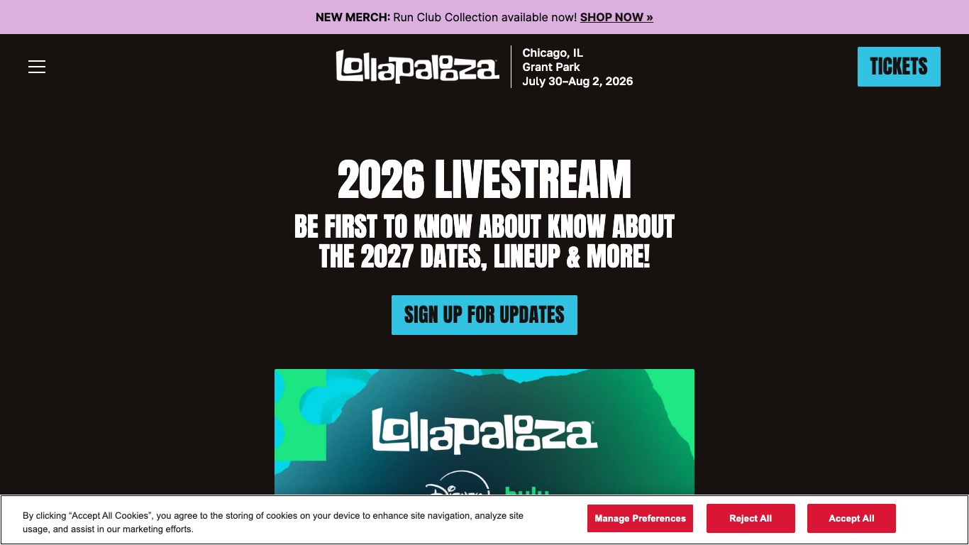 Lollapalooza公式サイトのライブ配信ページ。2026年の配信はHuluとDisney+の2つで行われた