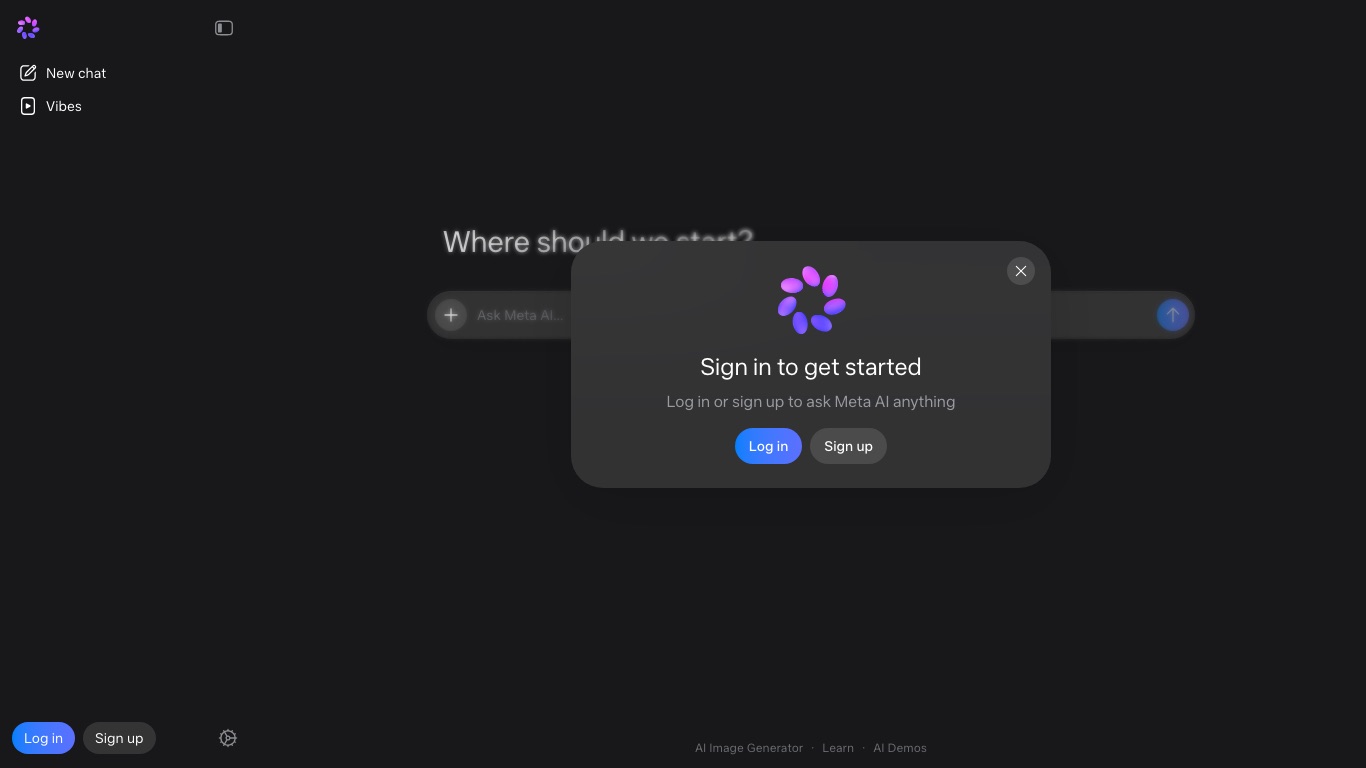 日本の回線からmeta.aiを開くと地域制限のエラーは出ず、Meta AIのチャット画面が表示される