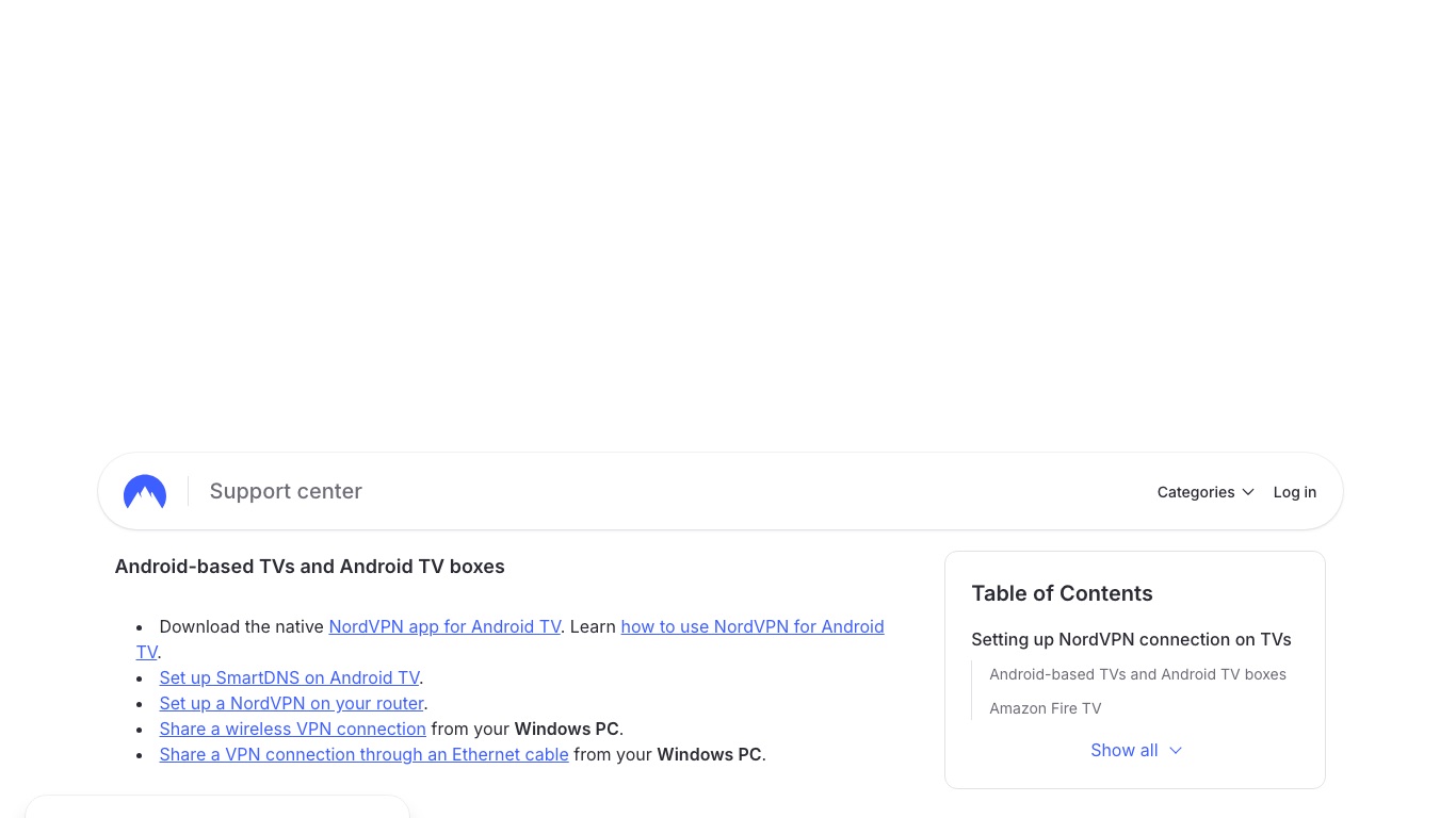 NordVPN公式サポートのスマートTV設定ページ。Android TVには専用アプリがあり、アプリを入れられない機器はルーターやSmartDNSで対応すると案内されている