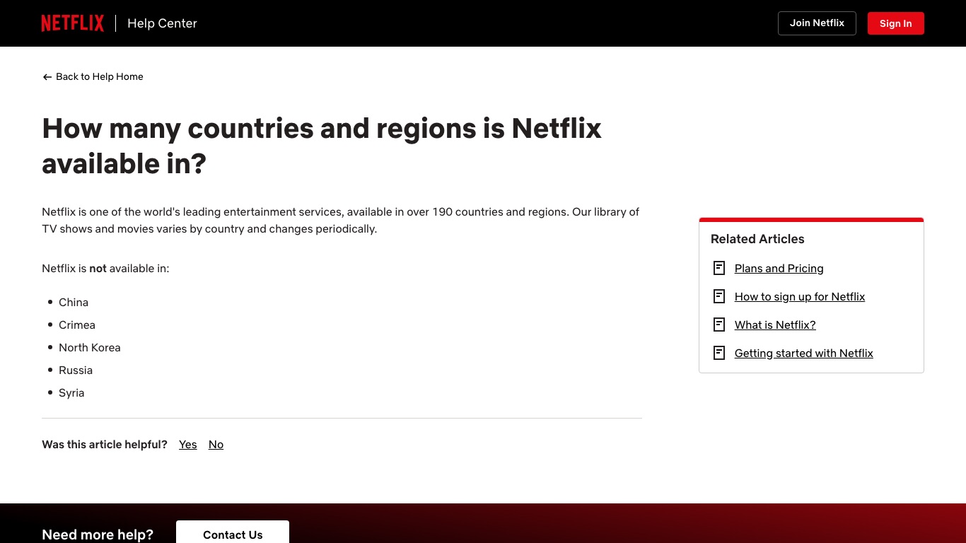 Netflix公式ヘルプ。中国はNetflixを提供していない国として明記されている