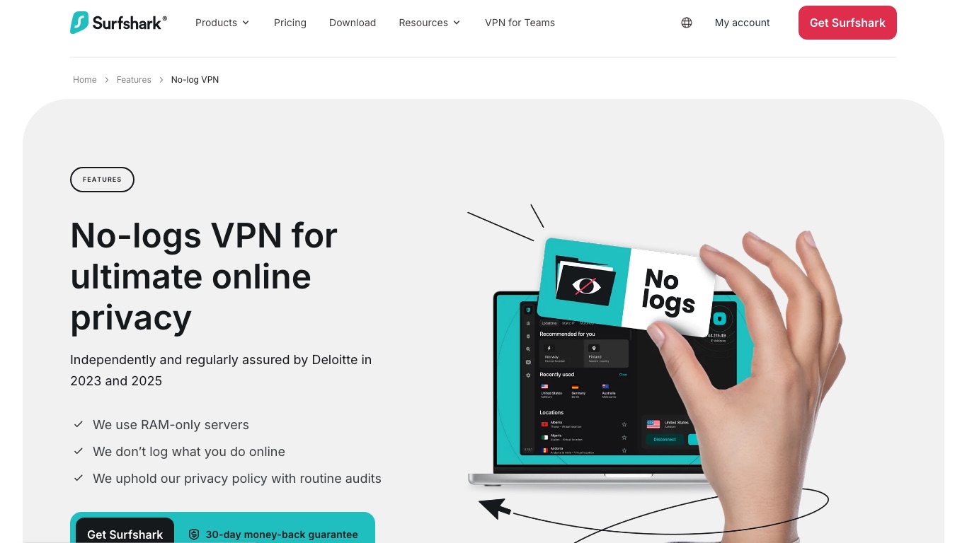Surfshark公式のノーログ説明ページ。RAMのみで動くサーバーを使うと明記されている