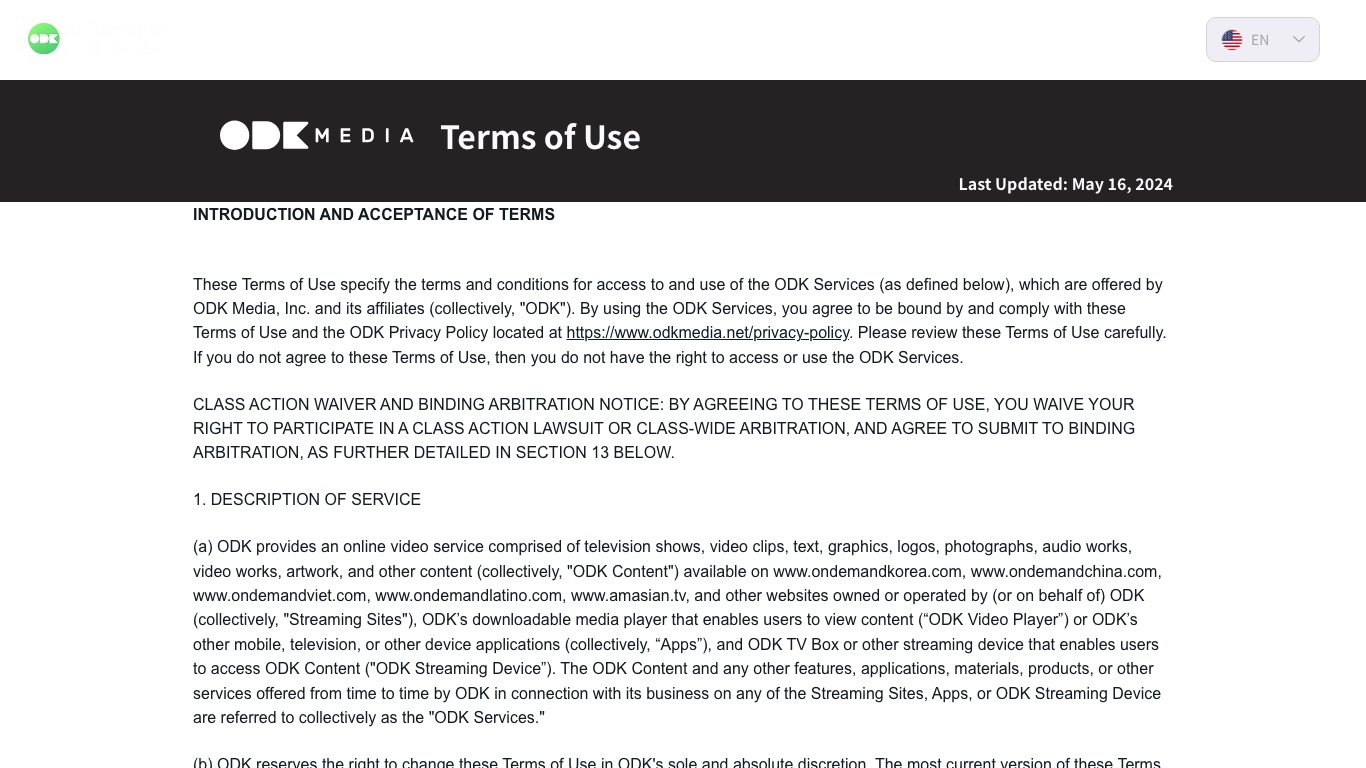 OnDemandKoreaの運営元ODK Media, Inc.が公開している利用規約(2024年5月16日更新)