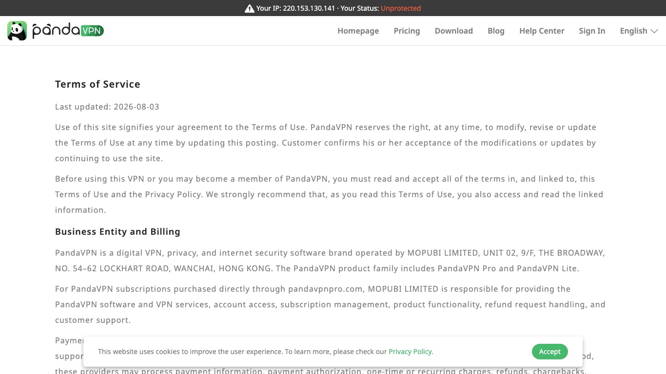 PandaVPNの利用規約。運営はMOPUBI LIMITED（香港）と明記されている