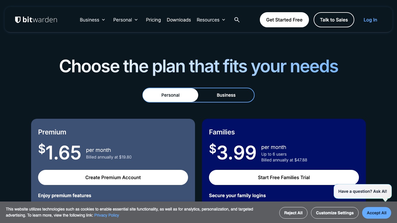 Bitwarden公式の料金ページ。Premiumは年払いで月1.65ドル、Familiesは6人までで月3.99ドルのドル建て表示
