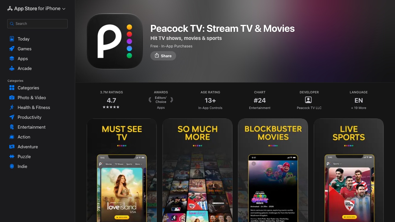 Peacock TVのアプリはアメリカのApp Storeで配信されており、提供元はPeacock TV LLC