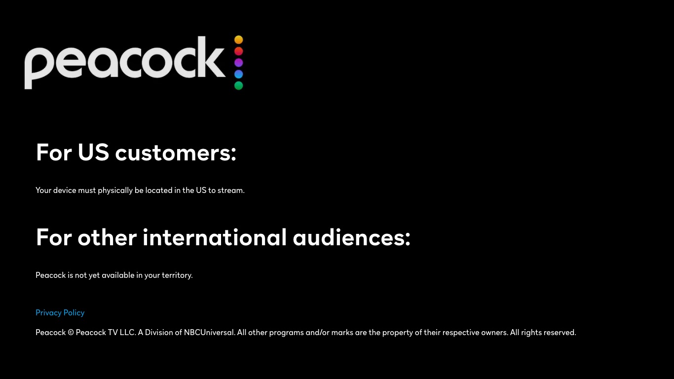 日本からPeacock公式サイトを開くと「Peacock is not yet available in your territory」と表示されて視聴できない
