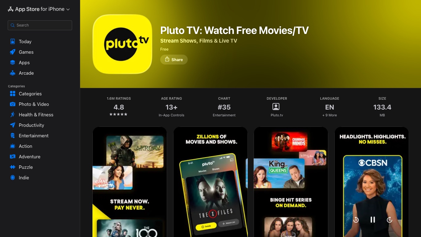 Pluto TVのアプリはアメリカのApp Storeで無料配信されており、対応言語に日本語は含まれていない