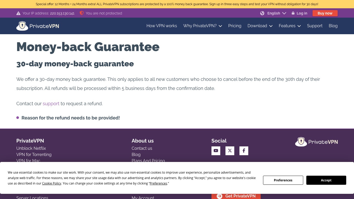 PrivateVPN公式の返金保証ページ。30日以内の新規契約者が対象で、返金の理由を伝える必要があると書かれている