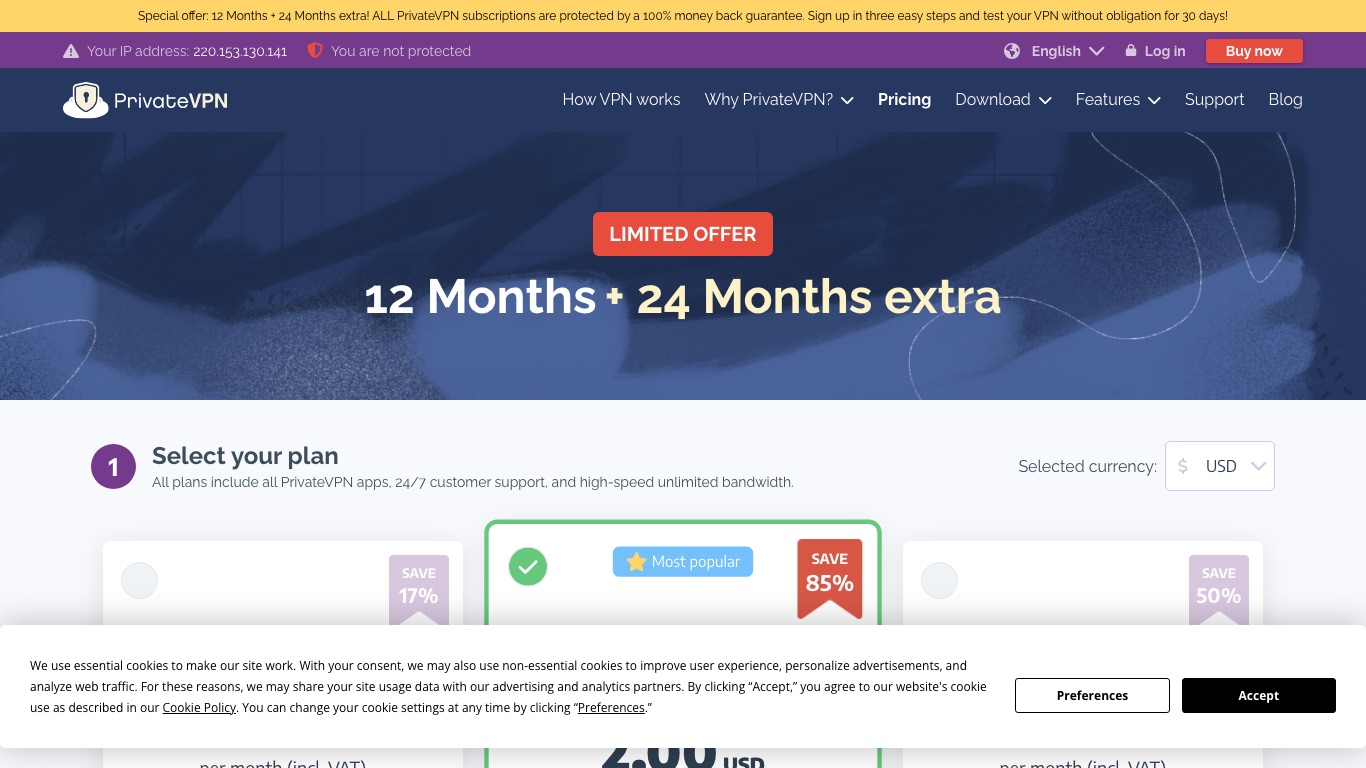 PrivateVPNの料金ページ。12ヶ月＋24ヶ月分の特典が付く期間限定プランが案内されている