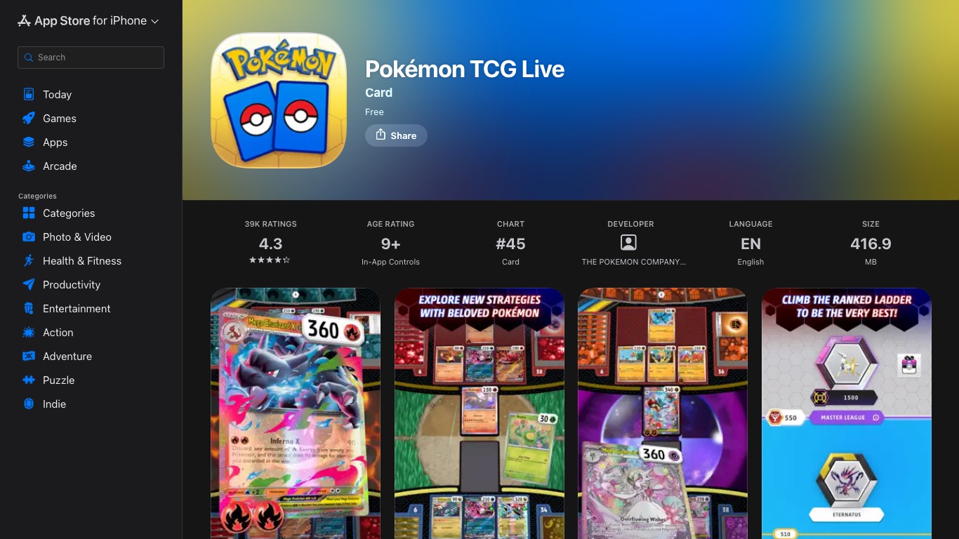 PTCGLはアメリカのApp Storeに無料アプリとして掲載され、対応言語は英語のみ