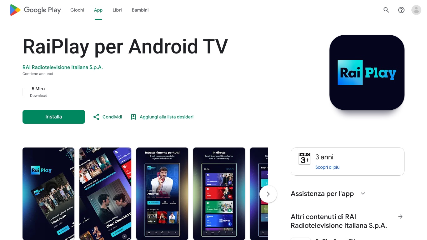 RaiPlay per Android TVはRAI Radiotelevisione Italiana S.p.A.が無料で配信している