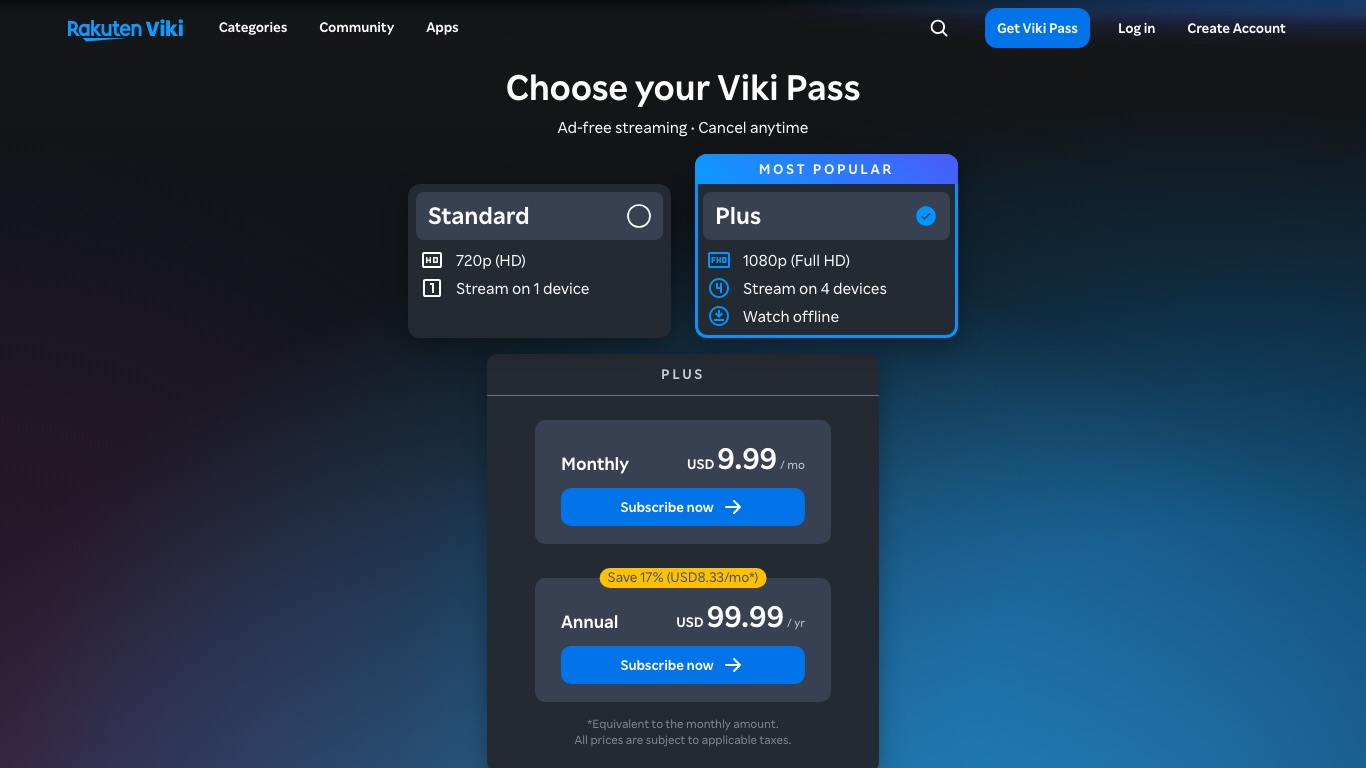 楽天VIKIの公式Viki PassページにはStandardとPlusの2プランが並び、PlusはUSD 9.99/月と表示されている