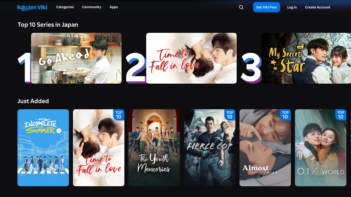 楽天VIKI公式トップページ。日本からアクセスしても「Top 10 Series in Japan」が並び、サービス自体は日本でも提供されている