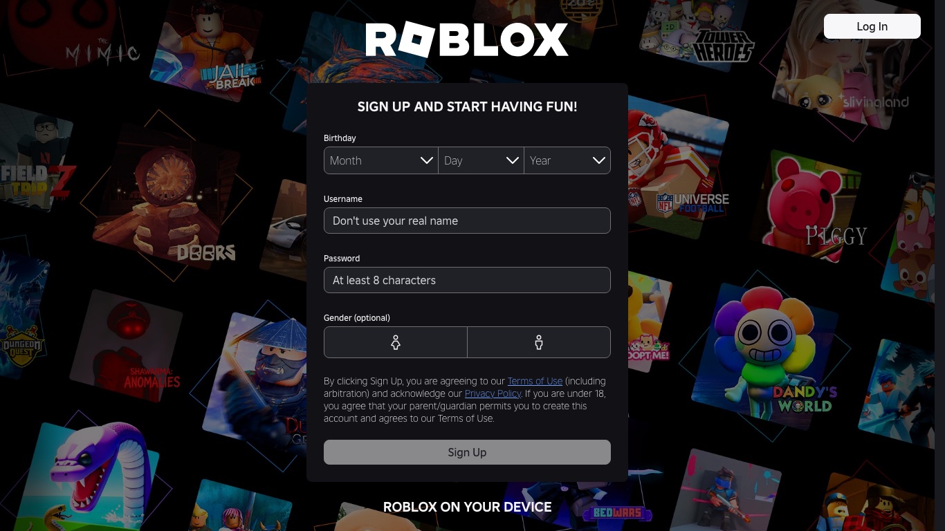 Roblox公式サイトの登録画面。登録時にTerms of Use(利用規約)への同意が求められる