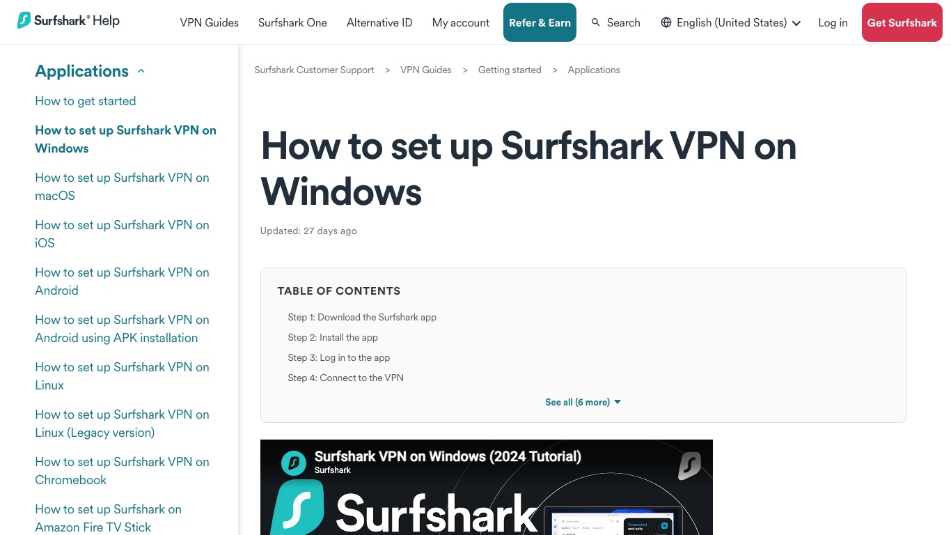 Surfshark公式ヘルプのWindows設定ガイド。ダウンロード・インストール・ログイン・接続の4ステップが示されている