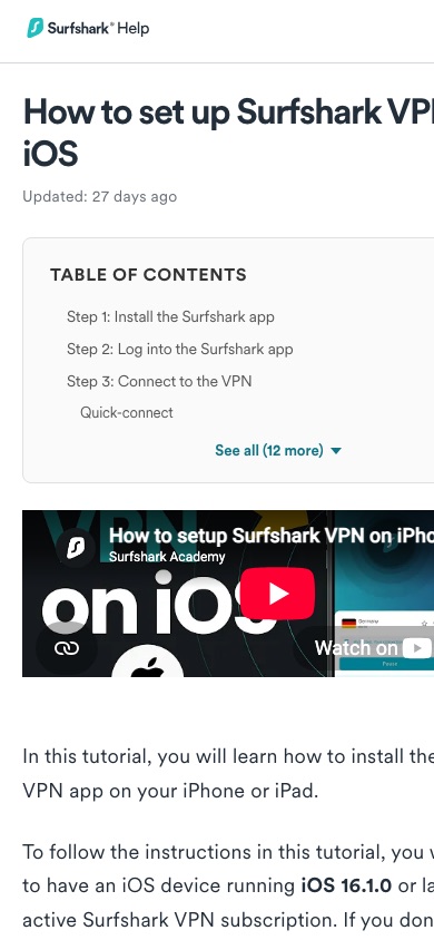 Surfshark公式ヘルプのiOS設定ガイド。インストール・ログイン・接続の3ステップとiOS 16.1.0以降という条件が書かれている