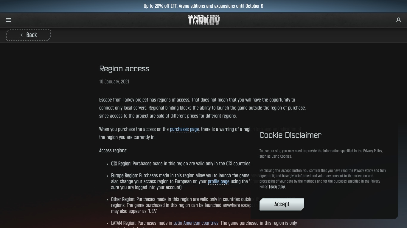 タルコフ公式サポートのRegion accessページ。購入した地域の外ではゲームを起動できないと案内されている