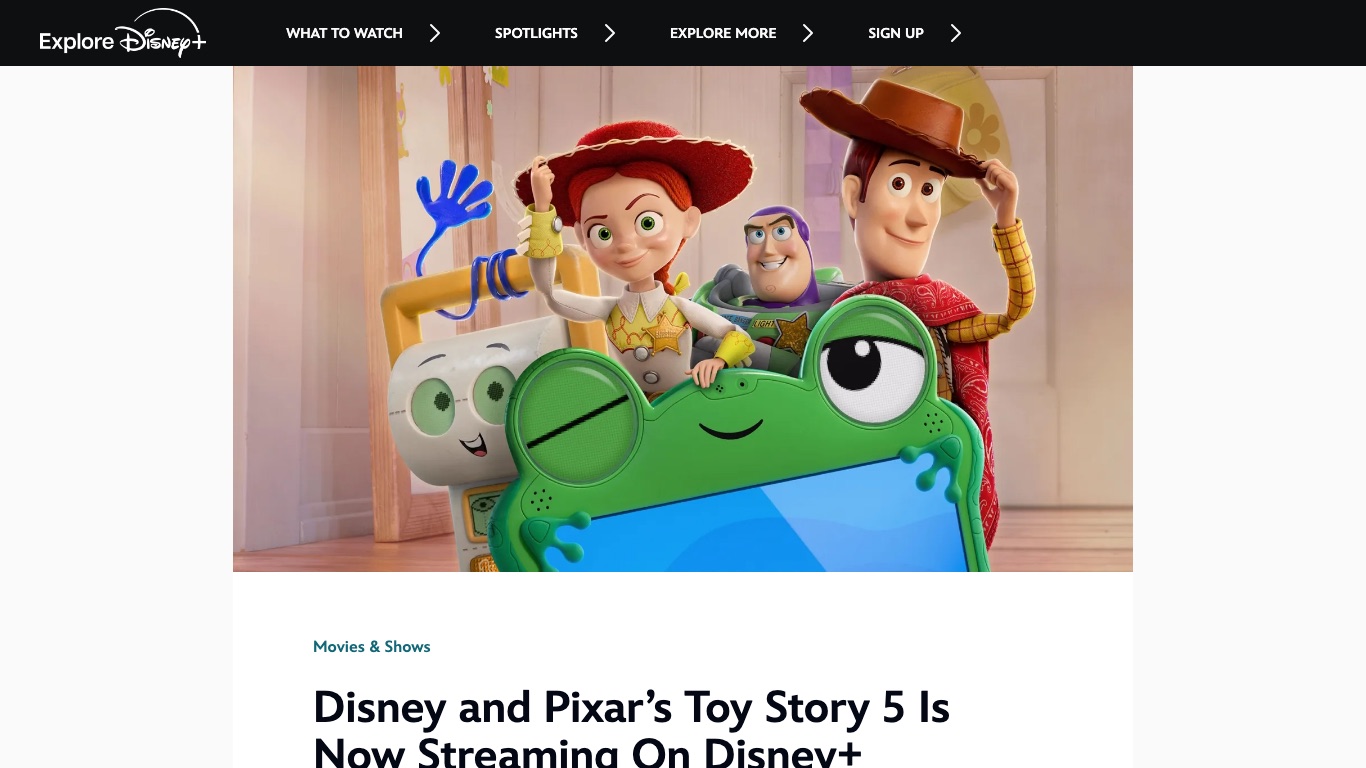 アメリカのDisney+公式の案内。トイ・ストーリー5は2026年9月23日からDisney+で配信中