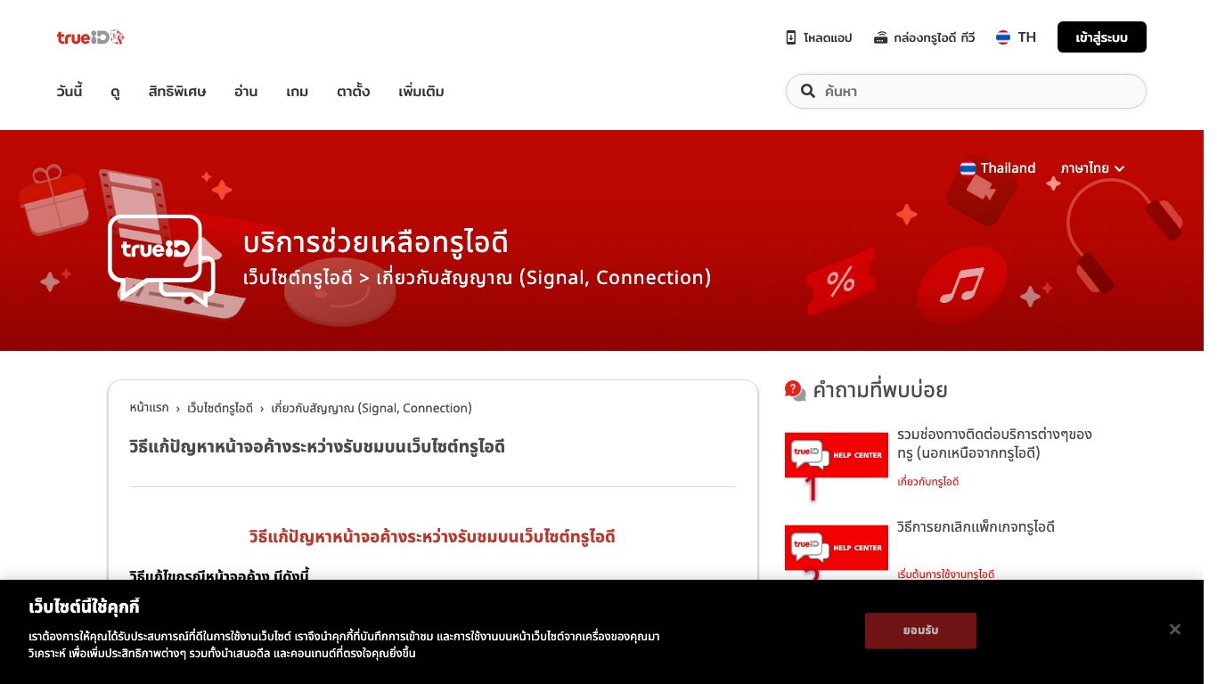 TrueID公式ヘルプセンターの、ウェブサイトで視聴中に画面が止まるときの対処ページ