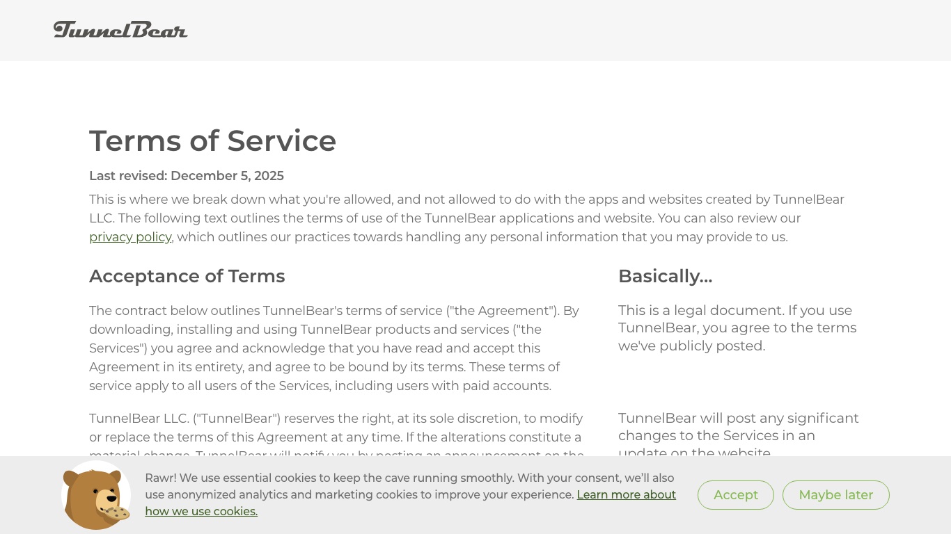 TunnelBear公式の利用規約ページ。返金保証の条件と対象外の買い方が記載されている