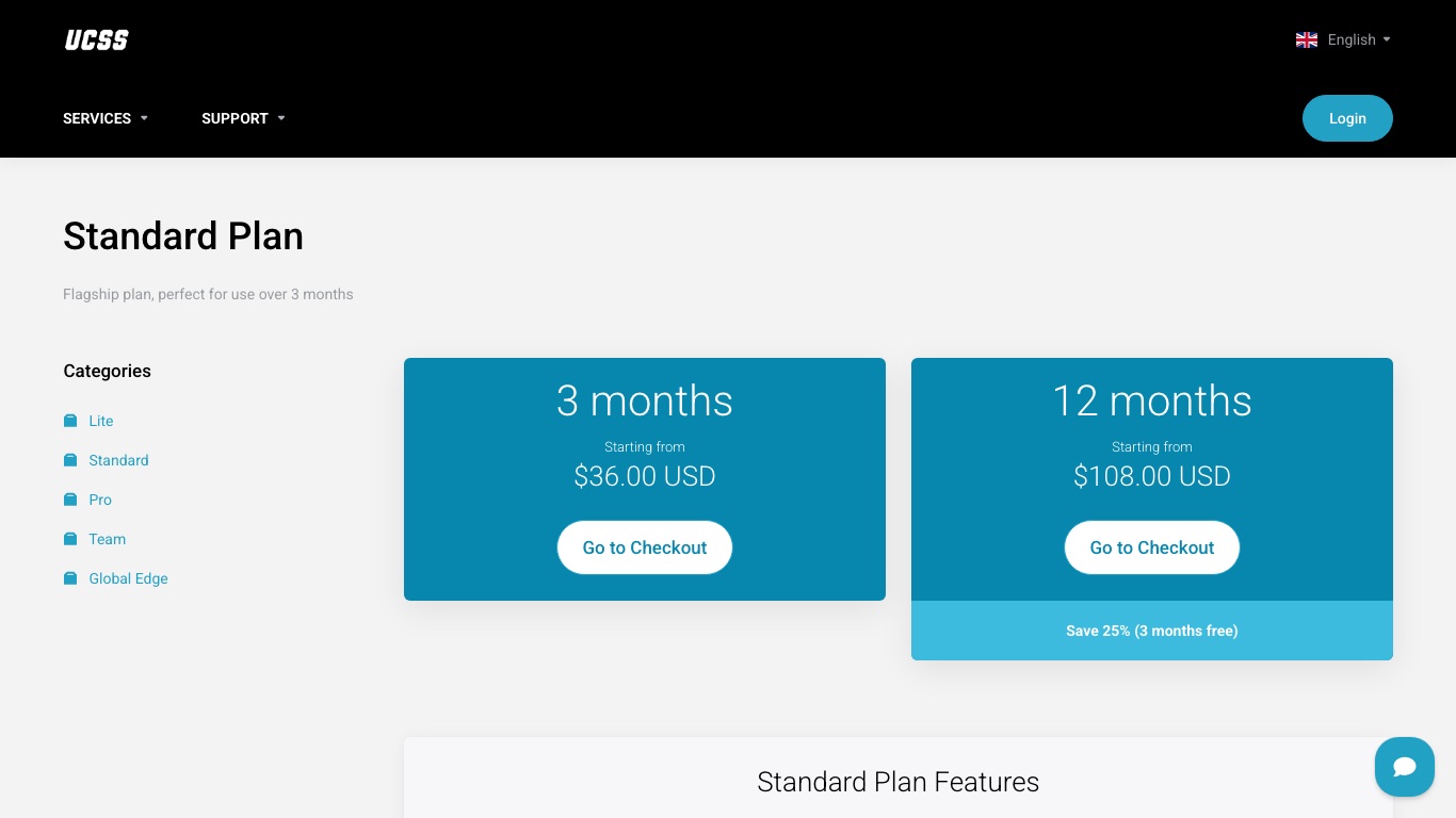 UCSS公式の申し込みページ。Standardプランの12ヶ月契約には「Save 25% (3 months free)」と表示されている