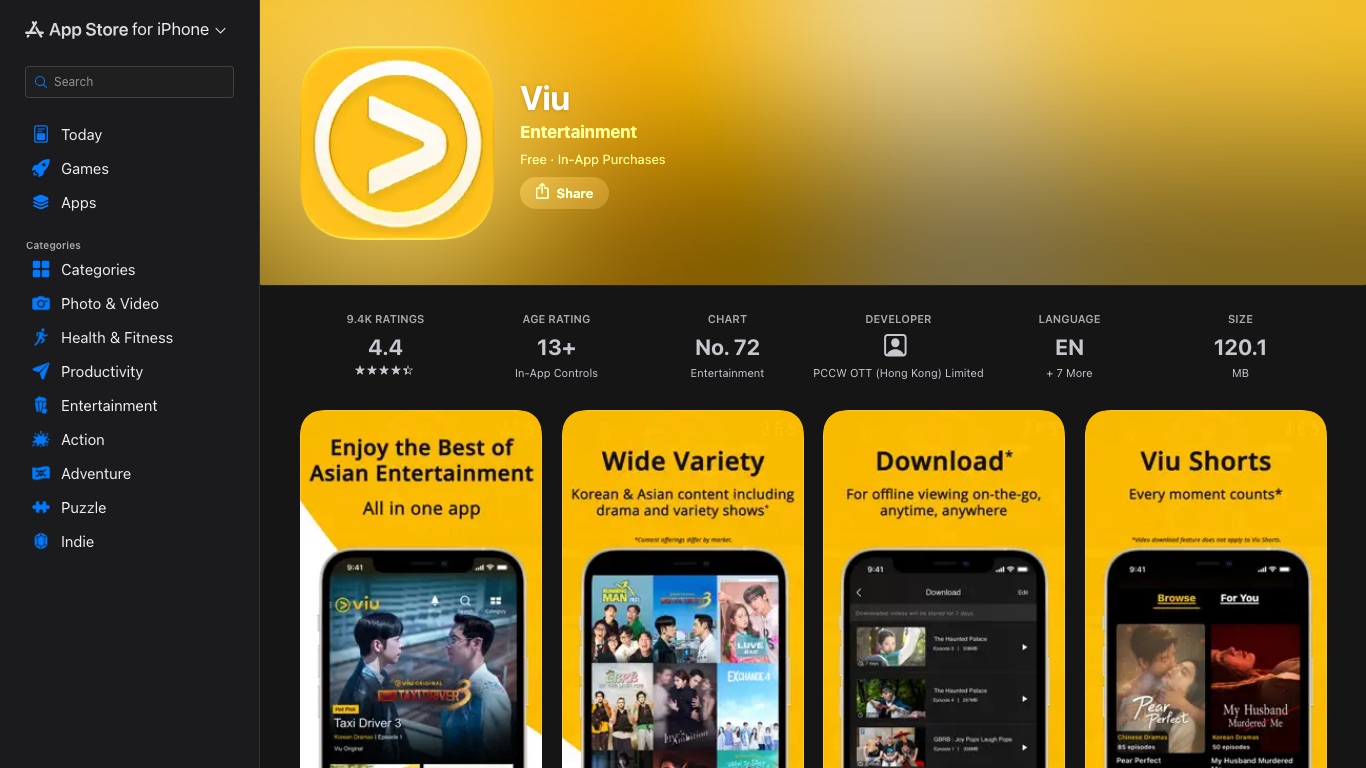 ViuのiOSアプリは無料配信でアプリ内課金あり。提供元はPCCW OTT (Hong Kong) Limited