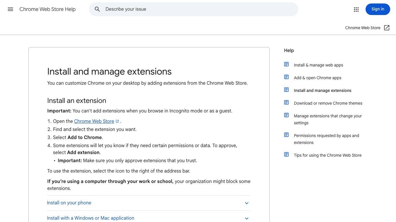 Google公式のChromeウェブストアヘルプ。拡張機能の追加・管理・削除の手順が案内されている