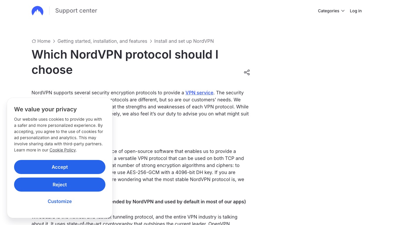 NordVPN公式サポートの「どのプロトコルを選ぶべきか」のページ。NordLynxを最も新しく最も速いトンネリングプロトコルと説明している