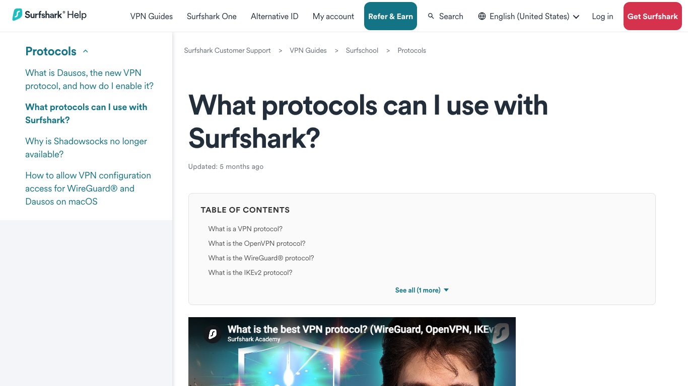 Surfshark公式サポートの「使えるプロトコル」のページ。OpenVPN・WireGuard・IKEv2・Dausosが並んでいる