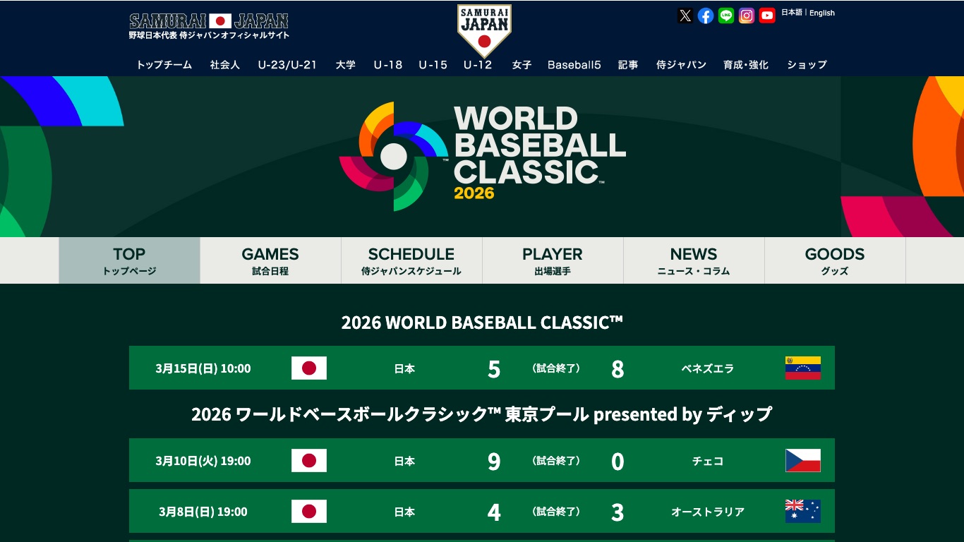 侍ジャパン公式サイトに掲載されたWBC2026の日本戦の結果